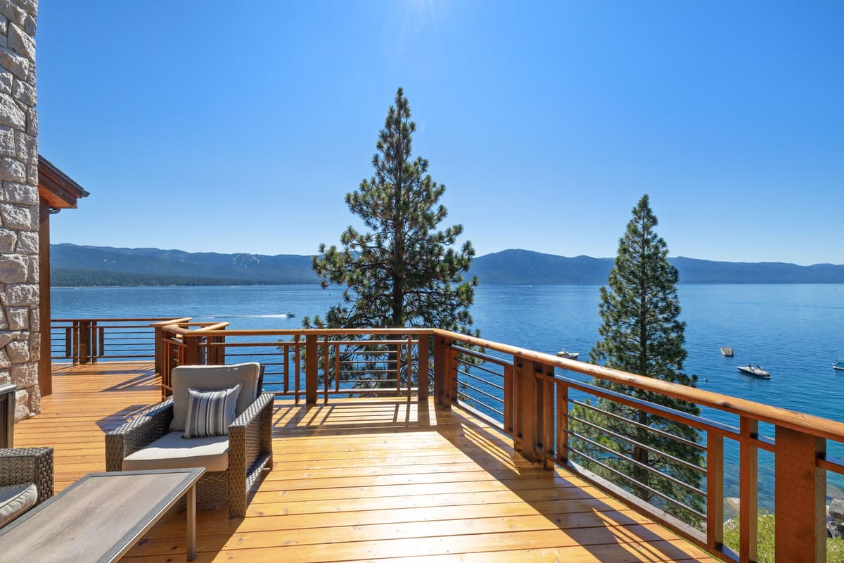Lake Tahoe lakefront home deck overlooking the lake