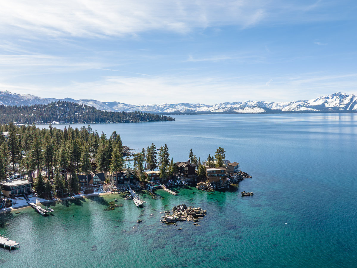 Aerial view of Nevada lakefront homes on Lake Tahoe's East Shore
