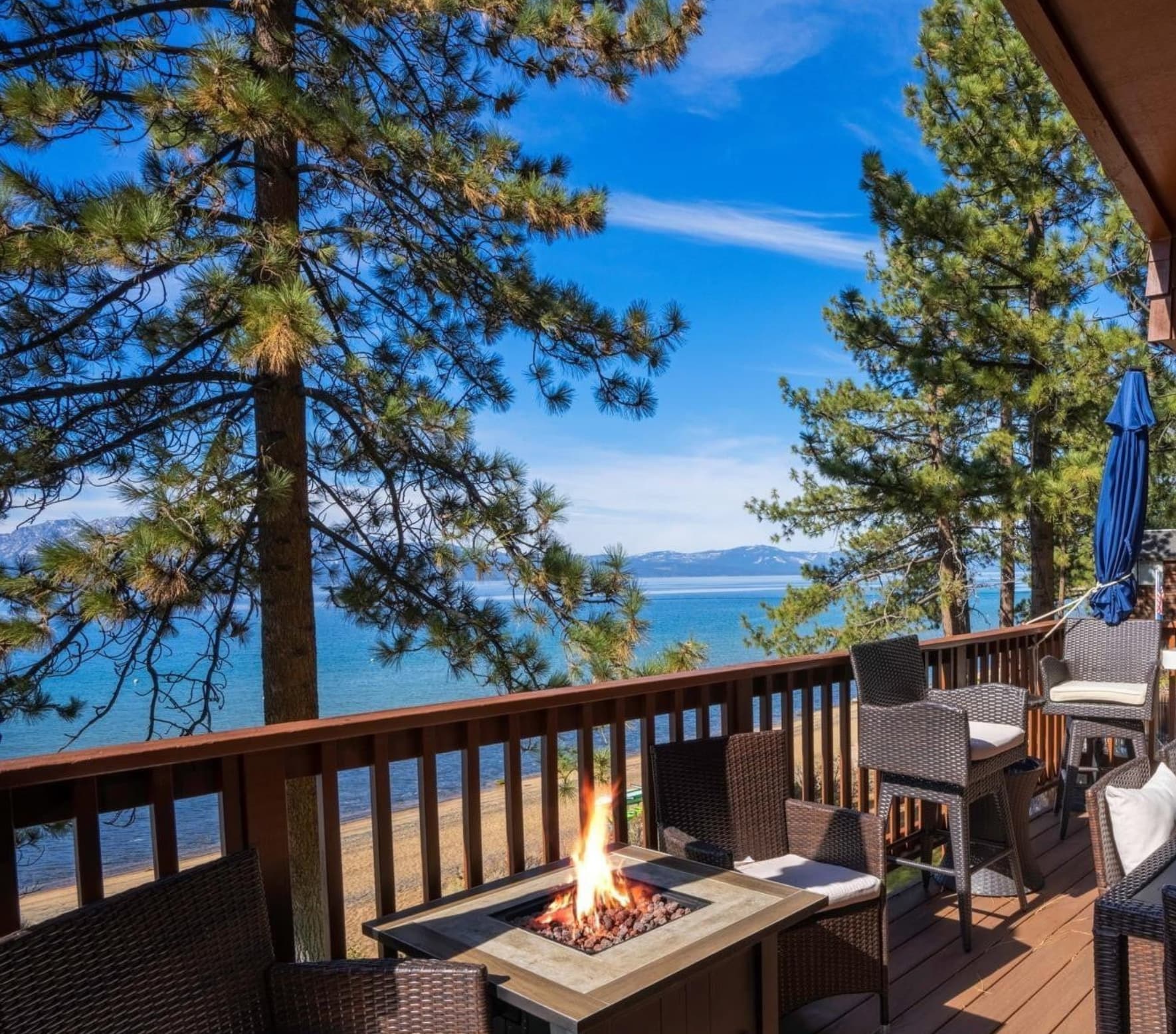 Lake Tahoe lakefront home deck overlooking the lake