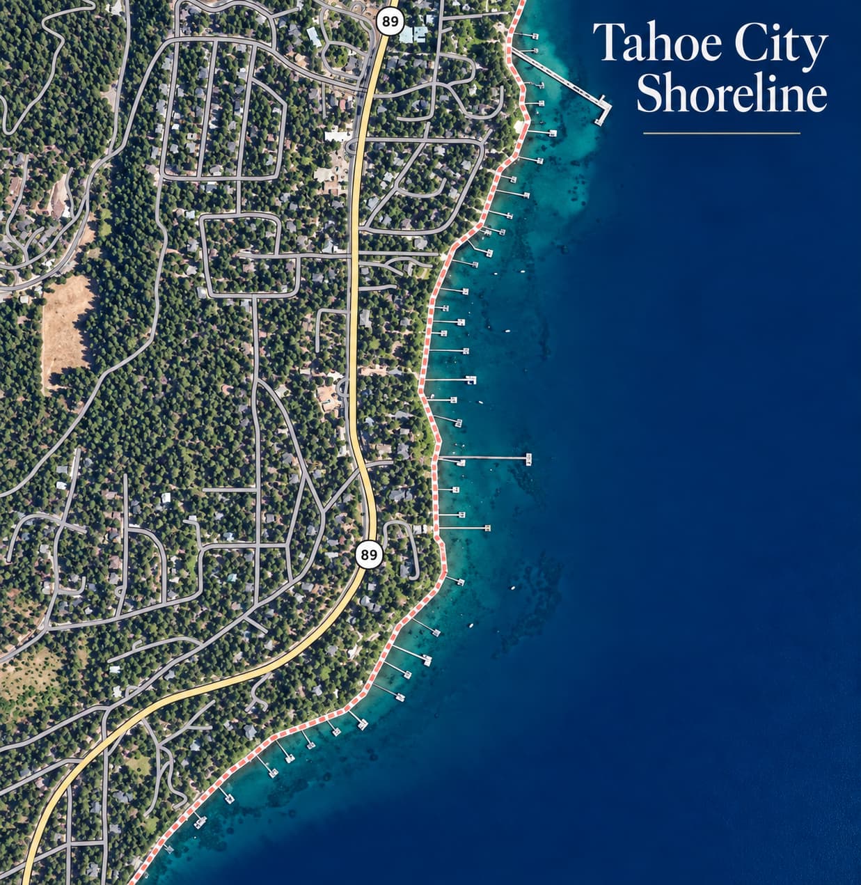 Piers dot the shoreline in Tahoe City